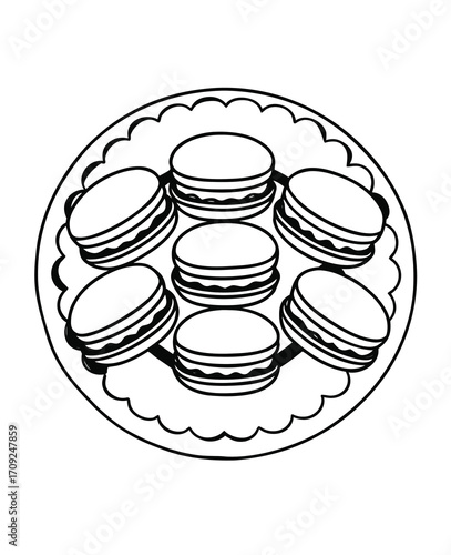 Elegant plate of macarons a delightful black and white dessert illustration drawing