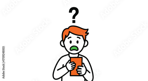 Confused person holding a book with a question mark above head, seeking information urgently