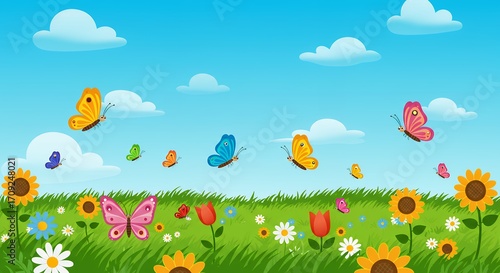 Colorful butterflies and flowers in a sunny meadow