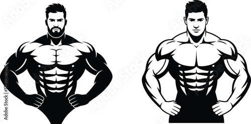 Strong muscular bodybuilder vector illustration, fitness athlete artwork, gym training design, bodybuilding logo template, athletic physique drawing, sport strength graphic art