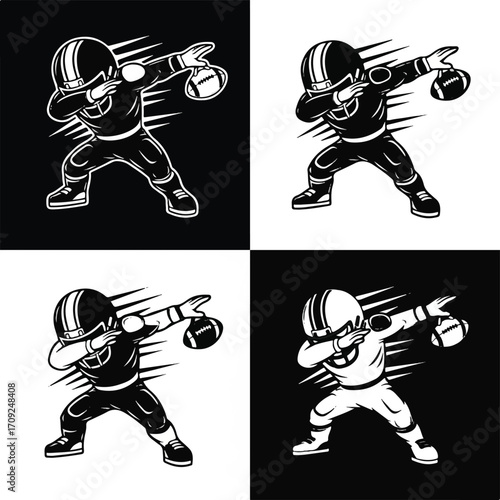 Football player dabbing in black and white, four variations.
