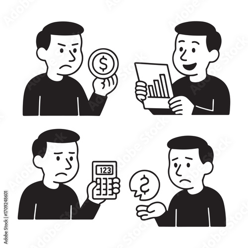 Financial concept illustration showing different emotions related to money management.
