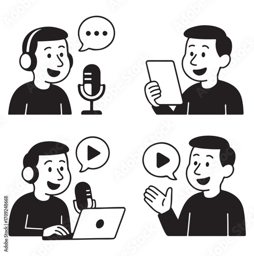Monochrome Illustrations of a Man Podcasting and Vlogging.
