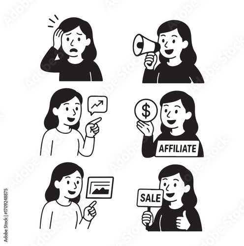 Woman in Various Poses Representing Business and Sales Concepts.
