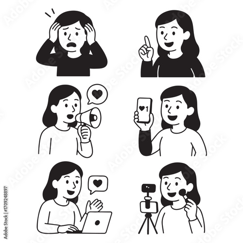 Hand Drawn Illustrations of a Woman in Various Communication and Social Media Poses.
