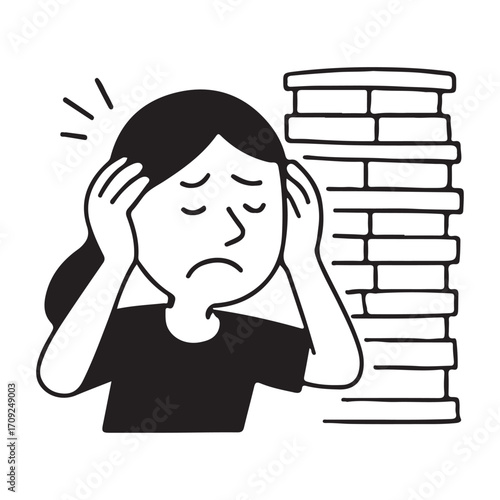 Stressed Woman Holding Head Next to Tall Stack of Papers.
