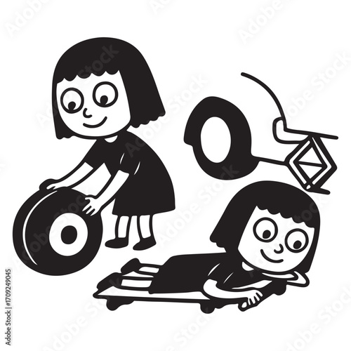 Two girls changing a car tire one pushing the tire the other lying on a creeper.
