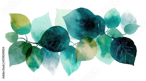 Abstract Watercolor Leaves In Teal And Emerald Green