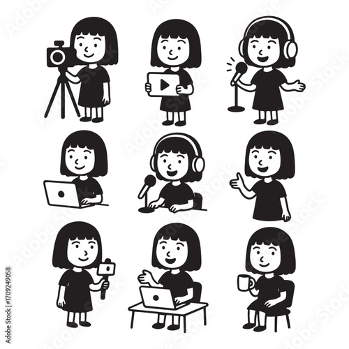 Set of Cartoon Girl Character Illustrations for Social Media Marketing.
