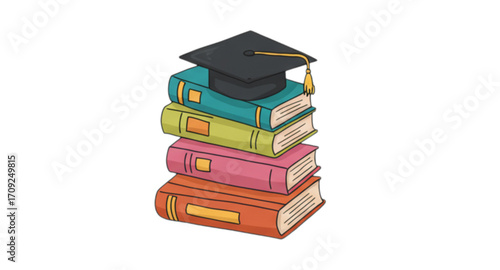 stack of books with graduation cap