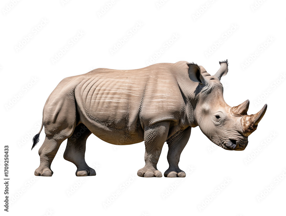 Fototapeta premium A large rhinoceros standing in a field with a black background and a short tail visible behind it