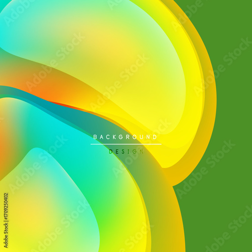 Abstract fluid shapes, vibrant colors blend. Green backdrop complements yellow, orange, turquoise gradients. Modern design element.