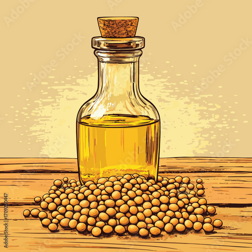 Soybean oil, Soybean oil in glass bottle with dry soy seeds on a wooden background. , vector style simple color