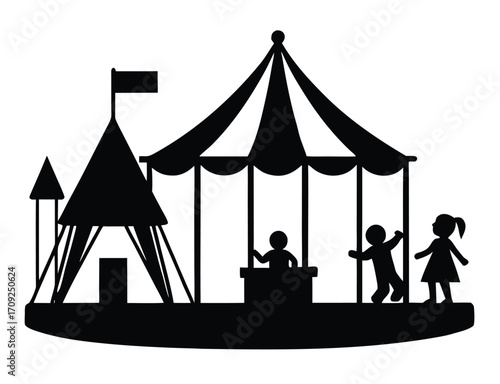 Silhouette Illustration of Carousel Ride at Amusement Park with Children and Tickets Booth