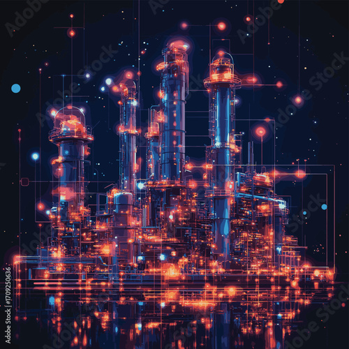 Futuristic oil refinery at night with glowing digital network overlay. It can represent technology, energy, industry, or future development. , vector style simple color