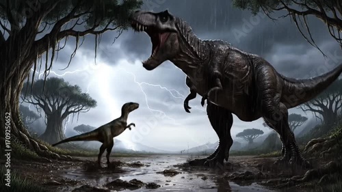 tyrannosaurus rex confronts small dinosaur lightning storm
