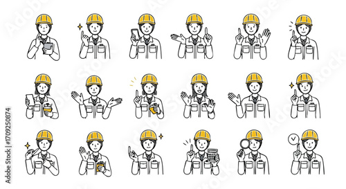 Construction worker icons showing diverse job tasks and safety gear illustrations for building trades and factory workers