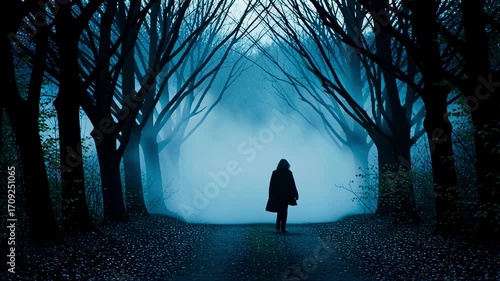 Mysterious person walking in foggy forest path with dark bareMysterious person walking in foggy forest path with dark bare trees
 trees
