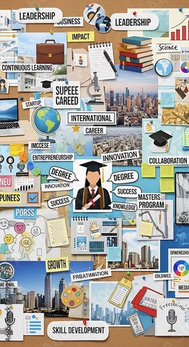 A visual representation of various concepts related to education, career development, and business, displayed on a corkboard with numerous images and text.