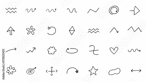 Vector collection of hand drawn doodle arrows and shapes in various styles and orientations on a white background