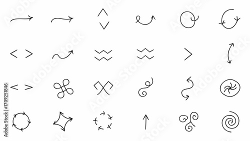 Vector collection of hand drawn arrows and directional symbols in various styles and orientations on white background