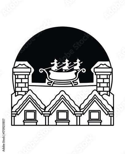 Santa Claus sleigh flying over snowy rooftops during Christmas night illustration design