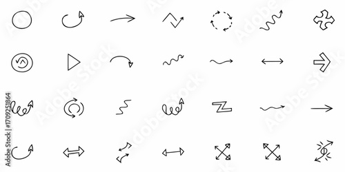 Vector illustration of various hand drawn arrow designs pointing in different directions and circular shapes lines