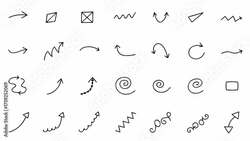 Vector collection of hand drawn black arrows and shapes in various directions and styles on white background