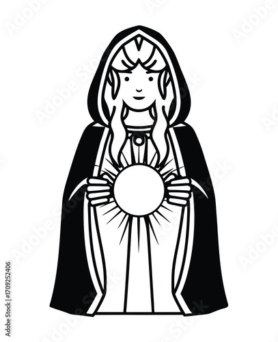 Enchantress or sorceress casting a sun spell in a black and white drawing