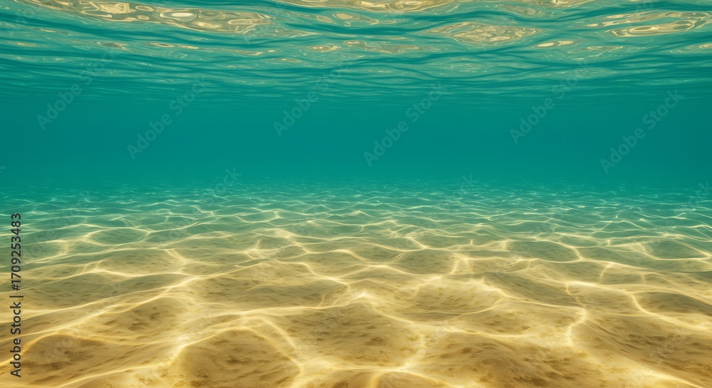 Naklejka premium Underwater View of Clear Shallow Ocean Water with Sunlight Reflections and Sandy Bottom
