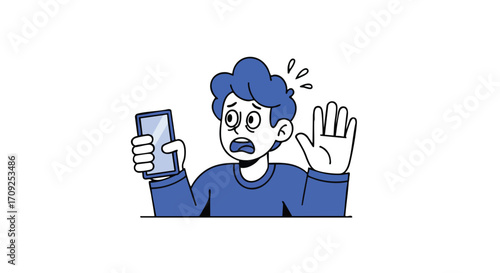 Anxious Cartoon Man Looking at His Smartphone in Shock, with Hand Raised