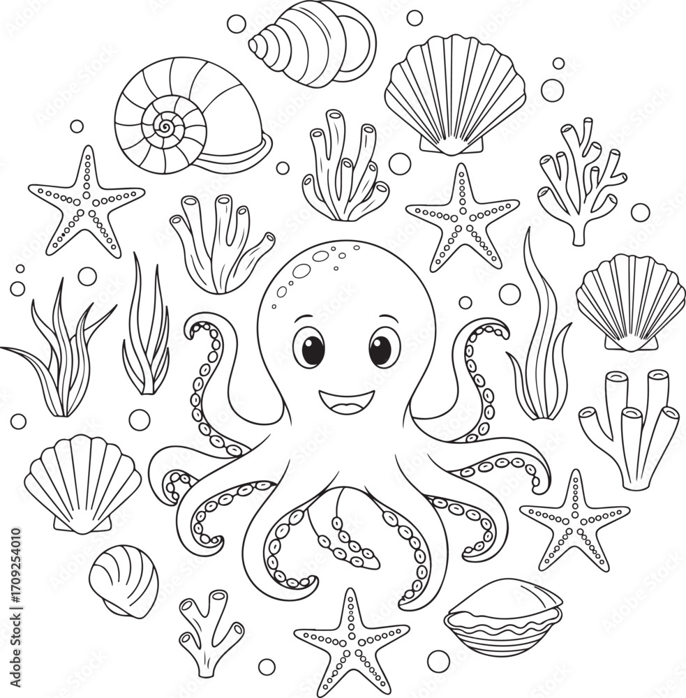 Naklejka premium Detailed Line Art of Happy Octopus with Ocean Props.