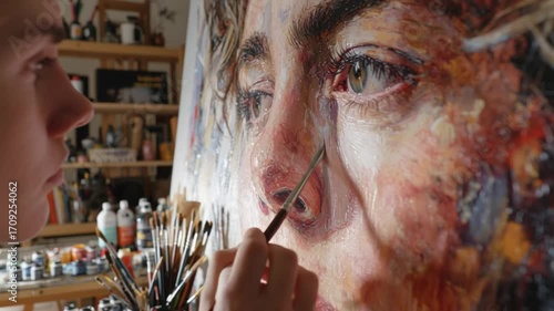 Artisan's Touch: An artist delicately applies the final brushstrokes to a stunning portrait, meticulously blending colors and textures to bring the subject to life.