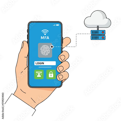 Illustration of a hand holding a smartphone with a fingerprint login and MFA on a blue screen, connected to a cloud server and database with a dotted line, on a white background.