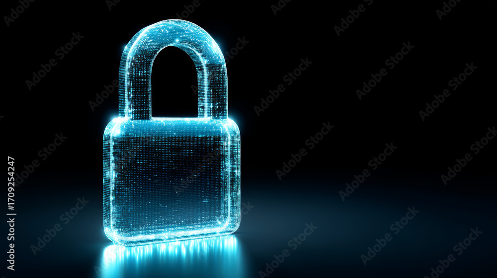 Fototapeta premium Digital lock glowing with blue light represents online safety and social media security in futuristic style