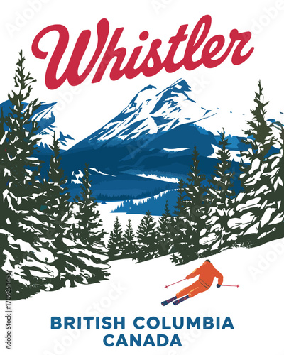 Vintage travel poster art of a skier on a snowy mountain in British Columbia, Canada. Retro winter sports and alpine adventure illustration
