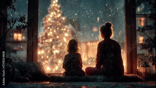 Mother and Daughter Watching Christmas Tree Through Window – Cozy Winter Holiday Scene 4K

