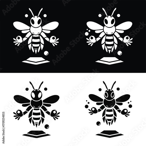 A stylized bee in a meditative pose, depicted in four variations of black and white.