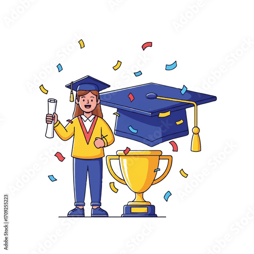 A cheerful young woman in a graduation cap and gown holds a diploma with confetti and a trophy nearby, conveying a joyful and celebratory mood.