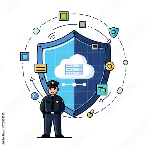 Illustration of a security guard standing in front of a shield with a cloud and various security icons surrounding it on a white background with a protective and technological mood.