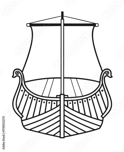 Detailed viking ship illustration in black and white for historical representation art