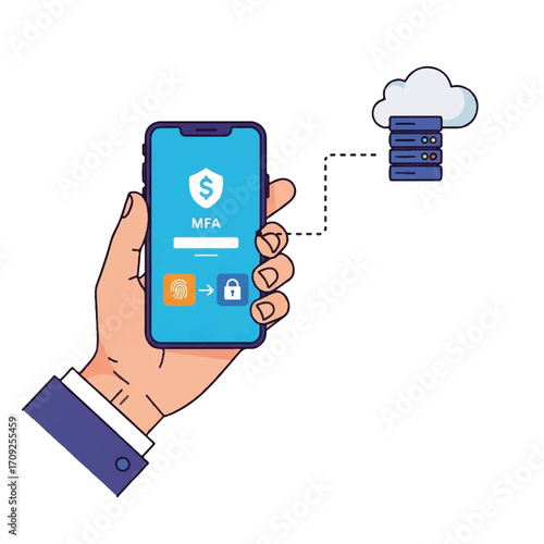 Illustration of a hand holding a smartphone with a blue MFA screen and a cloud-connected server in the background.