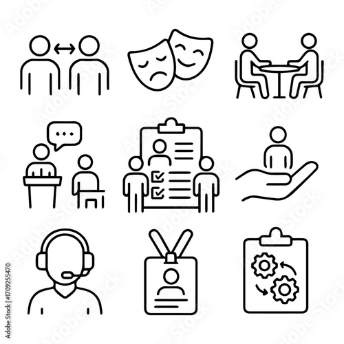 Collection of Simple Line Art Icons Depicting Social Interactions and Business Processes.