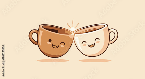 Whimsical Coffee Toast Illustration Featuring Cute Cartoon Coffee Cups with Smiling Faces, Perfect for Cafe Menus, Food Blogs, and Social Media Marketing