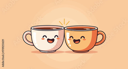 Two Smiling Coffee Cups Clinking in a Cheerful Toast, Perfect for Illustrating Friendship, Coffee Culture, or Beverage Promotions