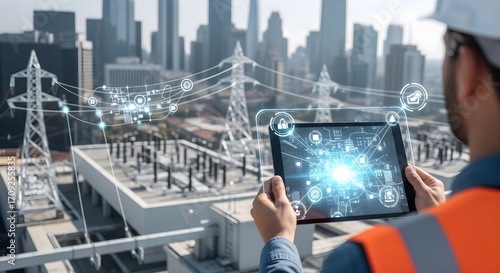 An electrical engineer uses a futuristic augmented reality tablet to monitor a smart grid and power infrastructure overlooking a modern city skyline.