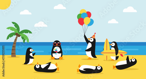 Cheerful Penguin Beach Party Illustration for Children's Book, Summer Vacation Promotion, and Educational Material Designs