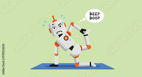 Humorous Robot Doing Yoga Pose on Mat, Depicting Technology Integration with Wellness and Fitness Concepts for Creative Illustration Purposes