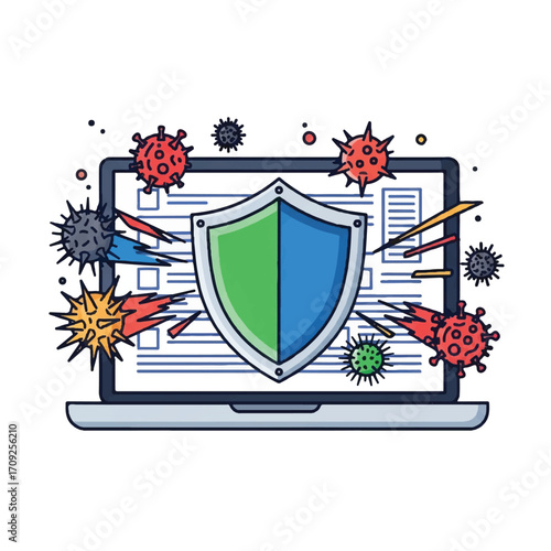 Flat illustration of a laptop with a shield on screen surrounded by viruses and missiles on a white background.