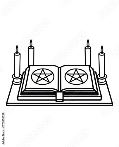 Occult Ritual Illustration with Pentagrams in Open Book and Burning Candles Outline Style